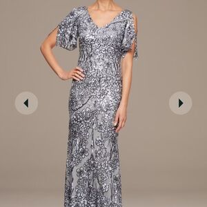 Alex Evenings Silver Gray Flutter Sleeve Maxi Gown